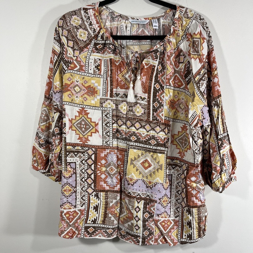 Canyon Retreat Aztec Southwestern Tie Front Relaxed Fit‎ Blouse Women's X